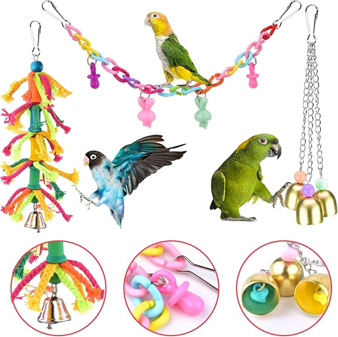 KATUMO Bird Toys, Parrot Swing Parakeet Ladder Conure Wood Perch Bird Chew Toys Cockatiel Hanging Bell Toys for Parakeet, Conure, Cockatiel, Mynah, Love Birds, Finch, Small Pet Birds