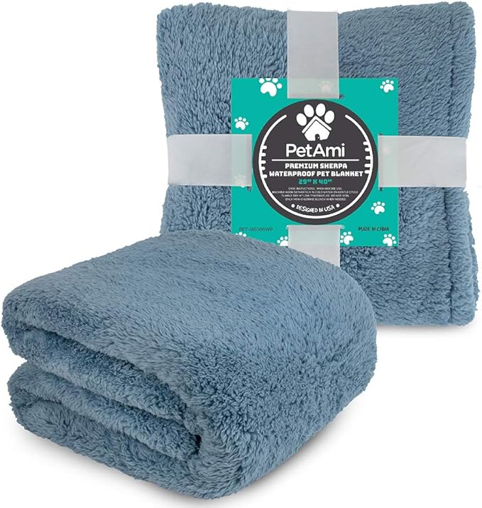 PetAmi Fluffy Waterproof Dog Blanket for Small Medium Dogs, Soft Warm Pet Sherpa Throw Pee Proof Couch Cover, Reversible Cat Puppy Bed Blanket Sofa Protector, Plush Washable Pad (Dusty Blue, 29x40)