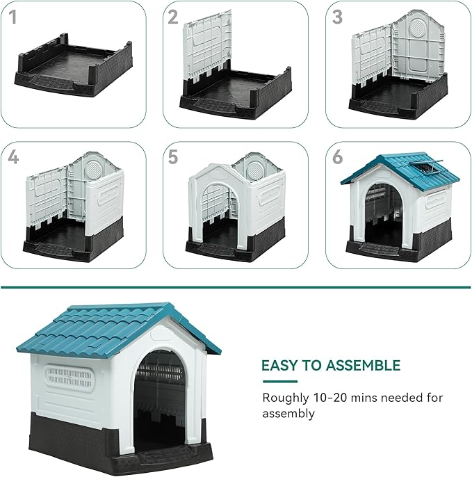 YITAHOME 33.1'' Folding Large Dog House Outdoor Plastic Doghouse with Adjustable Skylight and Elevated Base Water Resistant Pet House for Small, Medium Dogs (33.1''L*27.6''W*30''H)