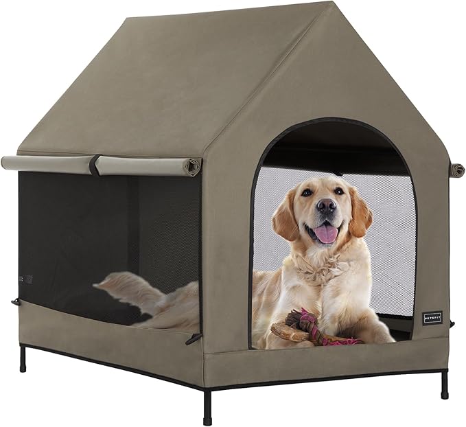 Petsfit 36 Inch Elevated Pet Dog House, Portable Large Dog House with Removable Cover for Indoor and Outdoor, Waterproof Raised Dog Houses for Large Dogs Outside, Featuring Elevated Dog Bed, Brown