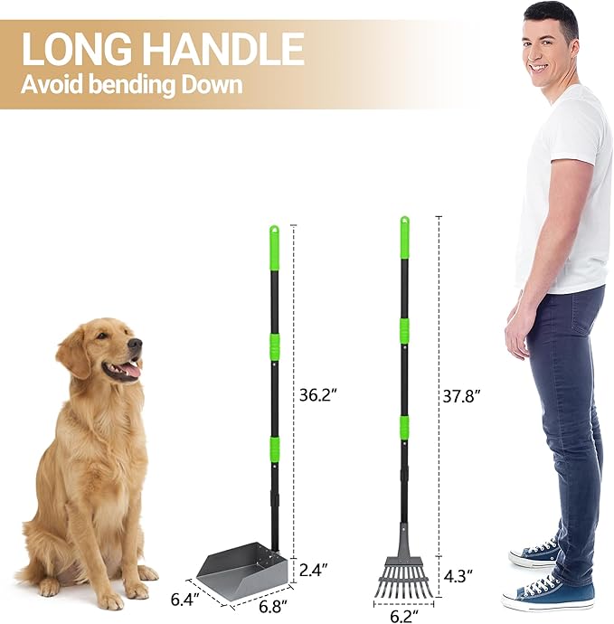 Heeyoo Dog Pooper Scooper, Dog Poop Tray and Rake Set, Pet Waste Removal Scoop with Long Adjustable Sectional Stainless Handles