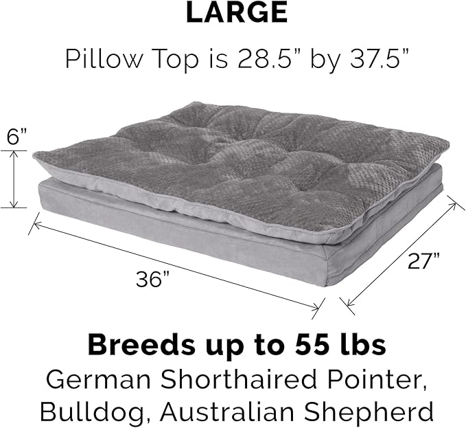 Furhaven Orthopedic Dog Bed for Large/Medium Dogs w/ Pillow Cushion Top & Removable Washable Cover, For Dogs Up to 55 lbs - Minky Plush & Suede Pillow Top Mattress - Titanium Gray, Large