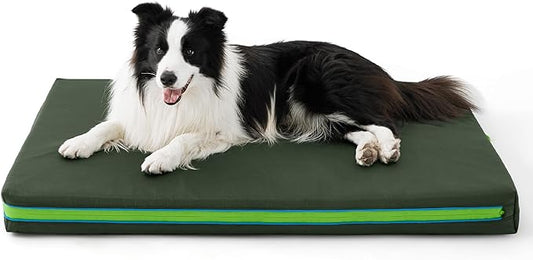 Bedsure Outdoor Waterproof Dog Bed with Heavy Duty Cover, Orthopedic Foam Supportive Dog Beds, Washable Dog Mat with Removable Cover for Large Dogs (36"x27", Moss Green)