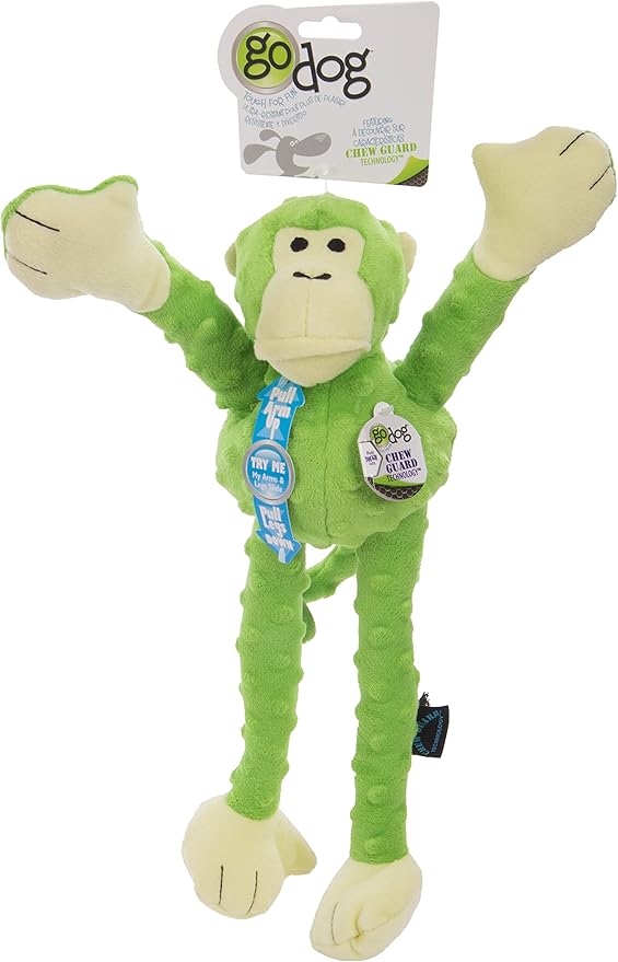 goDog Crazy Tugs Monkey Squeaky Plush Tug Dog Toy, Chew Guard Technology - Green Large