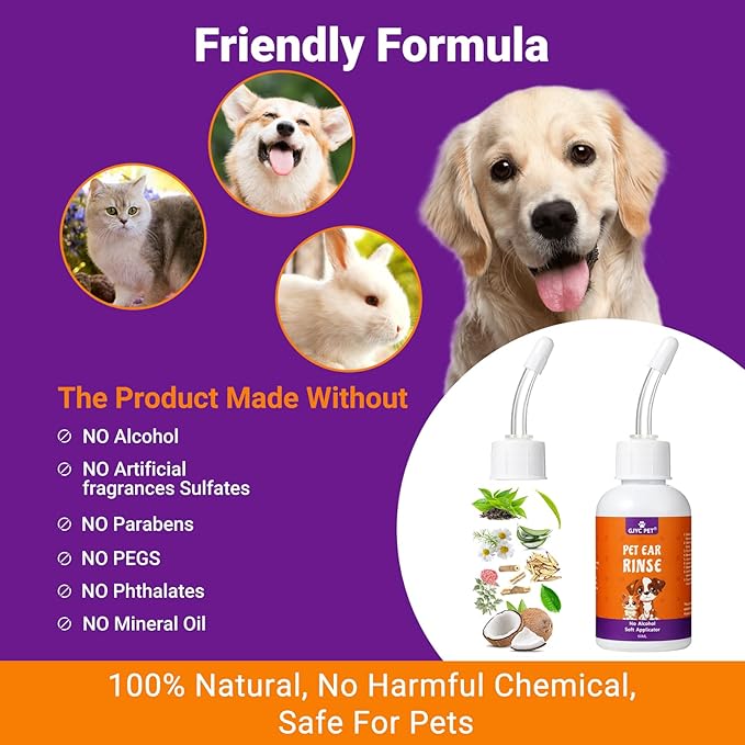 Dog Ear Rinse, Pet Ear Cleaner for Dogs and Cats, Dog Ear Drops Treats for Ear Infections and Itching, Dog & Cat Ear Cleaning Solution, Dog Ear Wash, Remove Earwax Debris Dirt Odor in Dog & Cat Ears