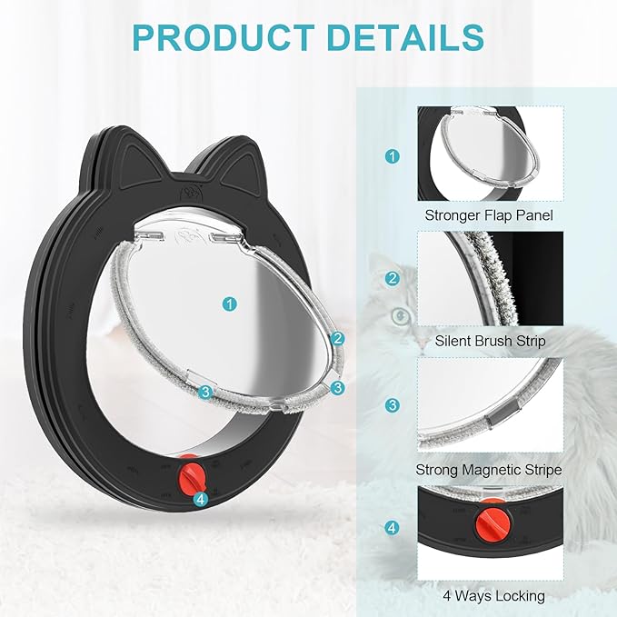 Pet Door, Cat Door for Interior Exterior Doors, 7.5" x 7.5" Inner Frame, 4-Way Locks, for Cats and Small Dogs, Easy to Install, Suitable for Interior and Exterior Doors, Black
