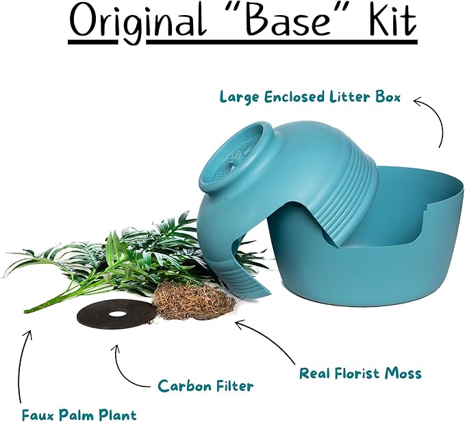 Good Pet Stuff, The Original Hidden Litter Box Base Kit, Round Enclosed Cat Litter Box Planter with Artificial Plants, Vented Carbon Odor Filter System, Florist Moss, Easy to Clean, Caribbean Blue