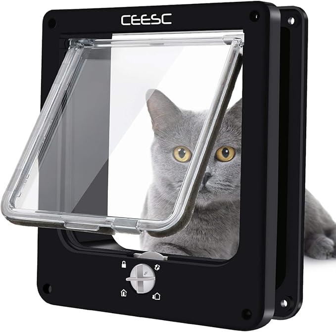 CEESC Cat Doors, Magnetic Pet Door with Rotary 4 Way Lock for Cats, Kitties and Kittens (Medium, Black)