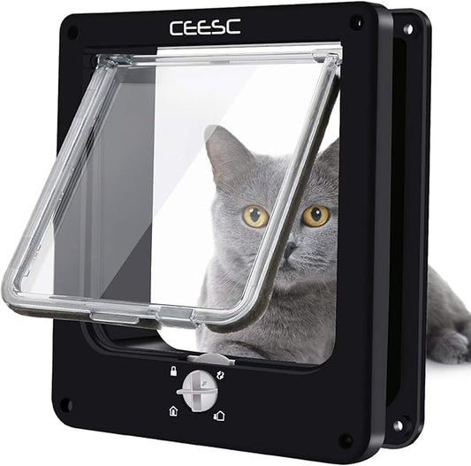 CEESC Cat Doors, Magnetic Pet Door with Rotary 4 Way Lock for Cats, Kitties and Kittens (Medium, Black)