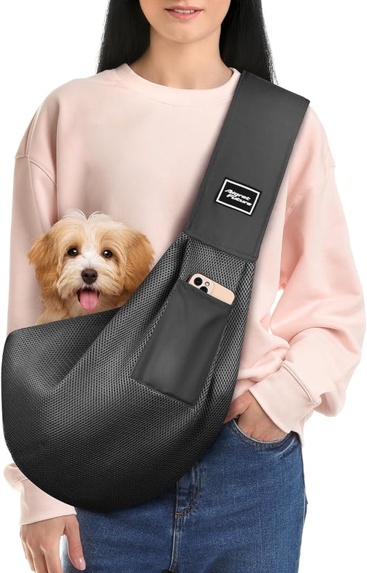 Dog Carrier Sling, Hand-Free Dog Sling Carrier for Small Dogs and Cats，Travel Safety Puppy Bag (Black)