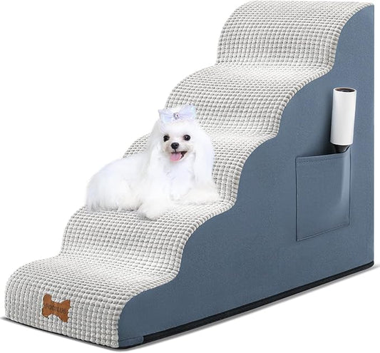 Dog Stairs for High Bed 22.4”H, Extra Wide Dog Stairs Ramp for Small Dogs and Cats, Non-Slip Pet Steps with Larger Step Area No Assembly, 5 Tiers Grey