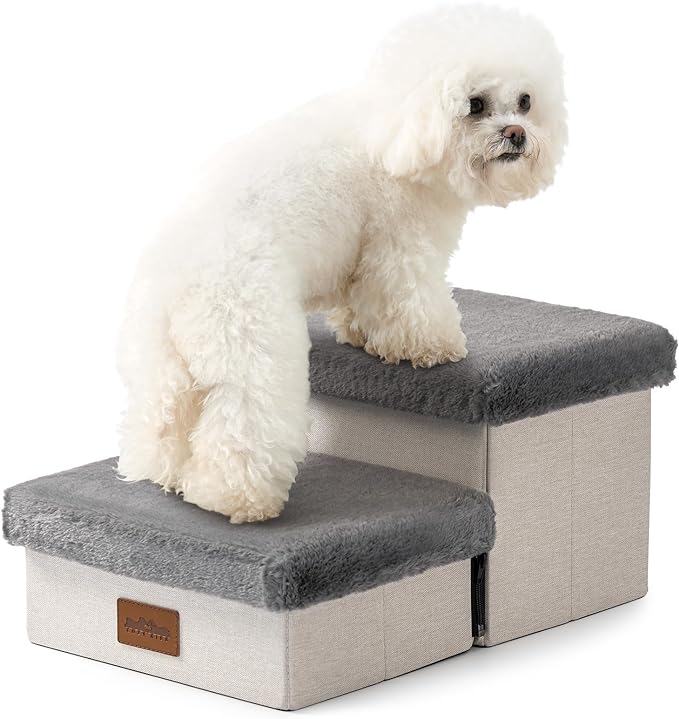 Dog Stairs for Chair with Storage 10" H, Foldable Small Dogs Ramp with Leakproof Fabric Cover, Cat Steps for Low Bed, Couch and Sofa, Lightweight, Comfort, 19.68x13x9.64in, Grey, 2 Tiers