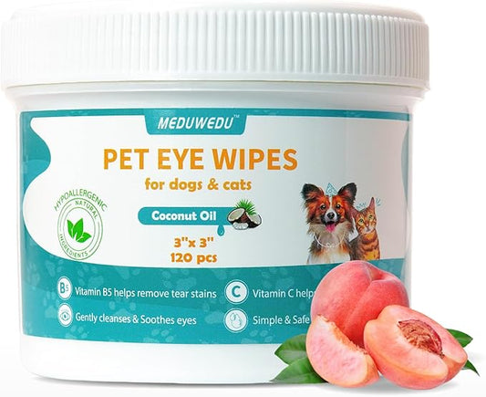 Eyes Wipes for Dogs & Cats 120 Counts, Grooming Kit Care for Dogs and Cats, Gently Remove Tear Stain, Eye Debris, Discharge, Mucus Secretions, Peach Scent