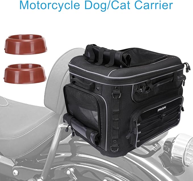 MOSISO Motorcycle Dog/Cat Carrier with Rain Cover, Portable Pet Carrier for Small Medium Pets Up to 22lb, Pet Travel Carriers Underseat for Luggage Rack or Passenger Seat with Sissy Bar Straps, Black