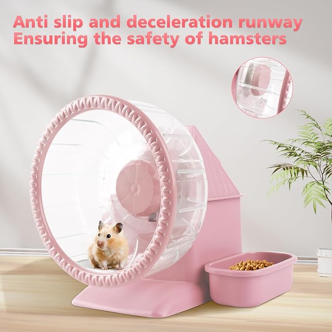 Silent Hamster Wheel Multifunctional Hamster Wheel Quite Running Spinner Wheel Accessories with Food Bowl Water Bottle for Hamsters Dwarf Gerbil (Pink)