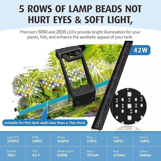 hygger Clip On Full Spectrum Aquarium LED Light, 42W Day-Night Dual Timer Sunrise-Day-Sunset-Moon Fish Tank Light, Adjustable Timer Brightness with 9 Colors for Planted Tank