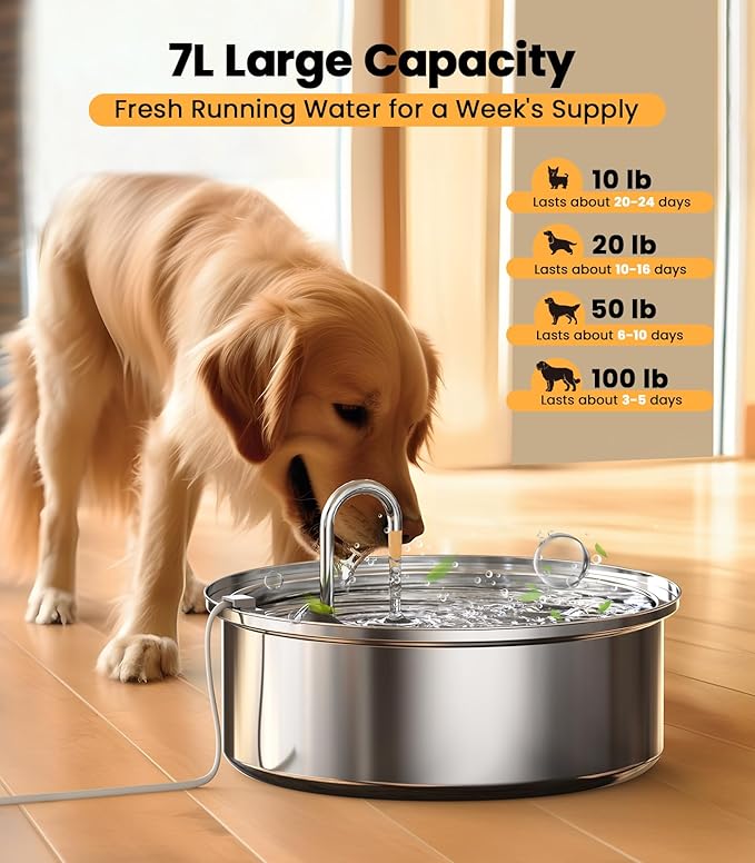 oneisall Dog Water Bowl Dispenser,7L Quiet Automatic Dog Water Dispenser Stainless Steel,100% BPA-Free for Cats and Small and Medium Large-Sized Dogs