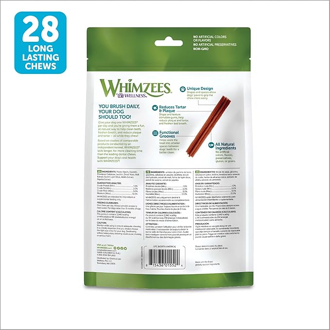 WHIMZEES by Wellness Dental Chews for Dogs, Natural, Long Lasting Treats for Cleaner Teeth & Fresher Breath, Grain Free & Hypoallergenic, 28 Chews