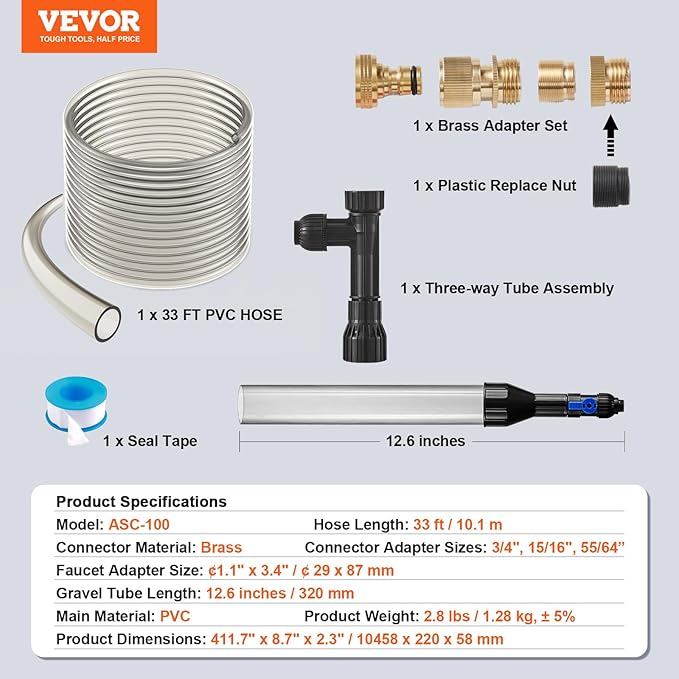 VEVOR Aquarium Vacuum Gravel Cleaner, 33 ft PVC Hose Fish Tank Vacuum Gravel Cleaner, Siphon Fish Tank Cleaner Vacuum, 3 Types of Brass Adapters, for Fish Tank Cleaning Gravel & Sand