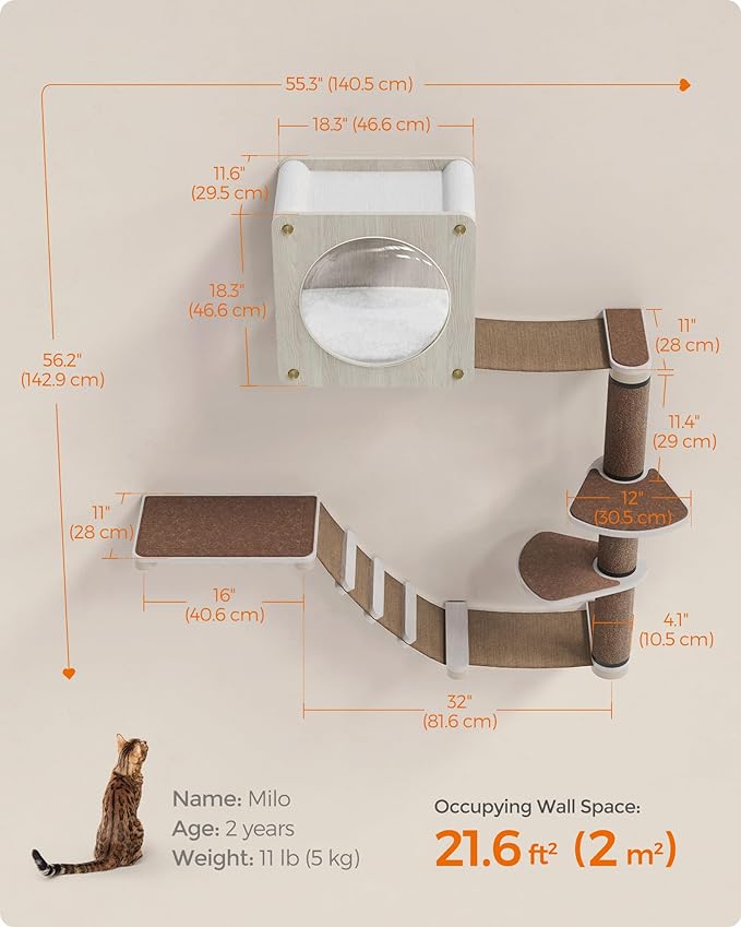 Feandrea Clickat Oasis - Cat Wall Furniture, Set of 5, Cat Wall Shelf, Wall-Mounted Cat Hammock, Scratching Post, Cave, Extremely Quick Assembly, Unlimited Expandability, Replaceable Module and Parts