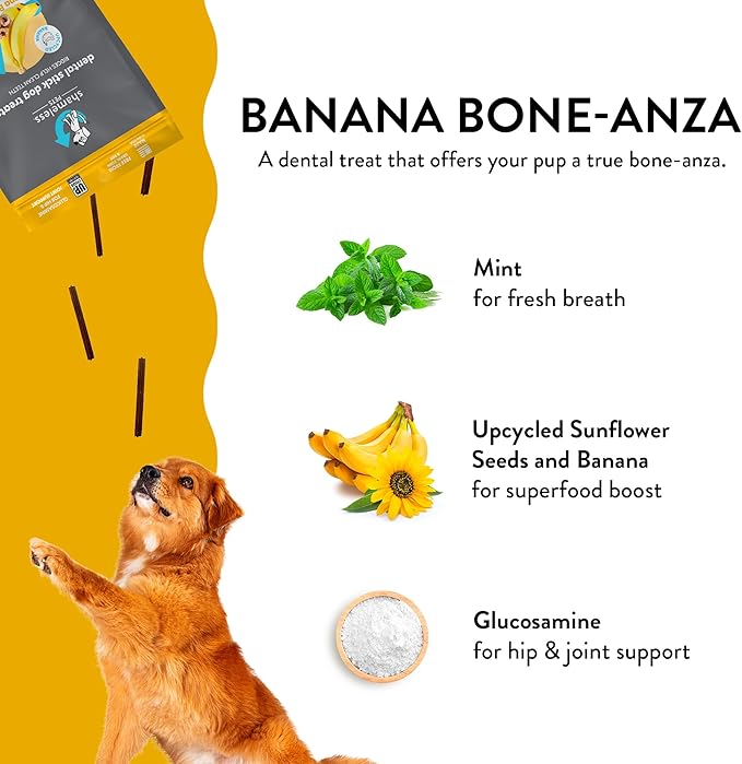 Shameless Pets Dental Treats for Dogs, Banana Bone-Anza - Healthy Dental Sticks with Hip & Joint Support for Teeth Cleaning & Fresh Breath - Dog Bones Dental Chews Free from Grain, Corn & Soy