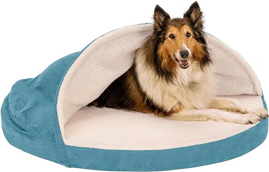 Furhaven 44" Round Cooling Gel Dog Bed for Large Dogs w/ Removable Washable Cover, For Dogs Up to 80 lbs - Sherpa & Suede Snuggery - Blue, 44-inch