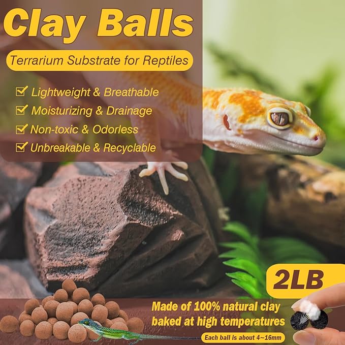 ZeeDix 2LBS Clay Balls Reptile Terrarium Substrate, 4mm-16mm Lightweight Expanded Clay Pebbles Reptile Bedding Substrate for Frogs Bearded Dragon Snakes Tortoises