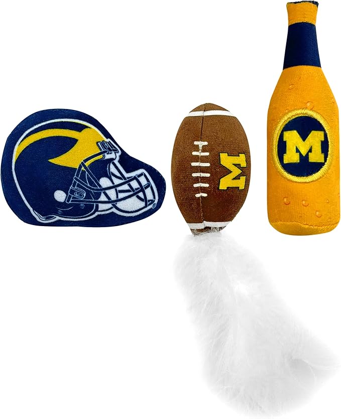 BEST PLUSH CAT TOY NCAA MICHIGAN WOLVERINES Complete Set of 3 piece Cat Toys filled with Fresh Catnip. Includes: 1 Helmet Cat Toy, 1 Football Cat Toy with Feathers & 1 Beer Bottle. Beautiful Team LOGO