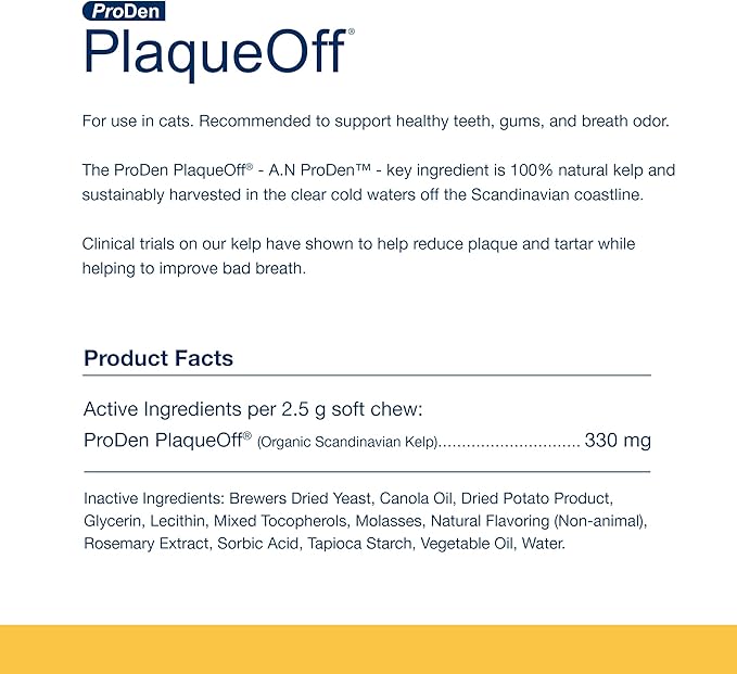 ProDen PlaqueOff Soft Chews with Natural Kelp - for All Breed Cats - Supports Normal, Healthy Teeth, Gums, and Breath Odor in Cats - 45 Soft Chews