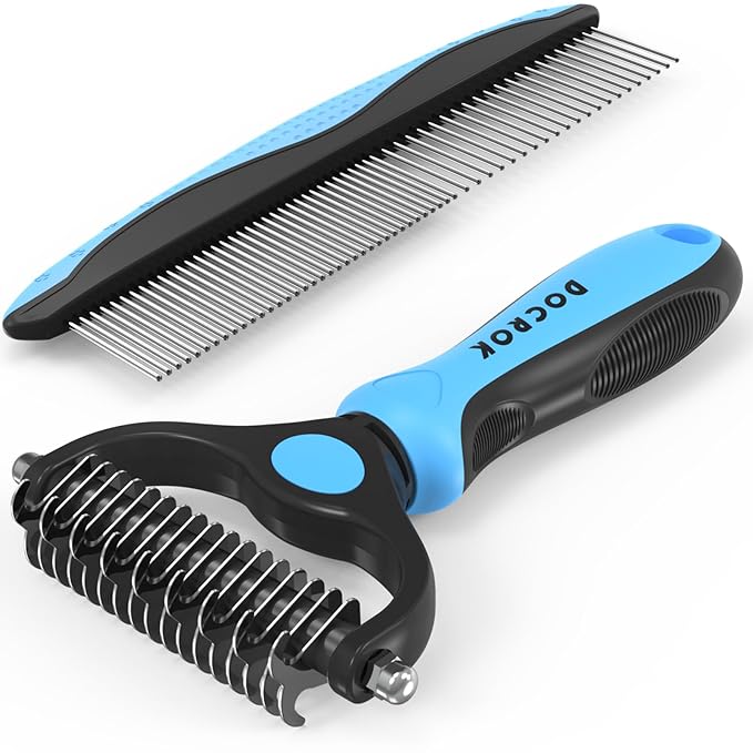 Pet Grooming Brush and Metal Comb Combo, Cat Brush Dog Brush for Shedding, Undercoat Rake for Dogs Grooming, Dematting Deshedding Brush Dogs Shedding Tool for Long matted Haired Pets, Blue