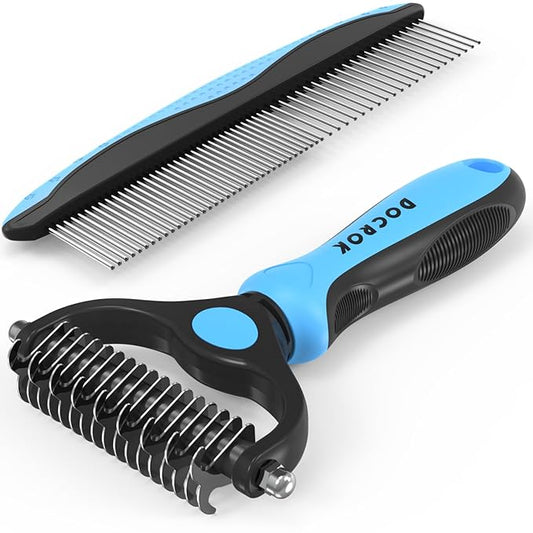 Pet Grooming Brush and Metal Comb Combo, Cat Brush Dog Brush for Shedding, Undercoat Rake for Dogs Grooming, Dematting Deshedding Brush Dogs Shedding Tool for Long matted Haired Pets, Blue