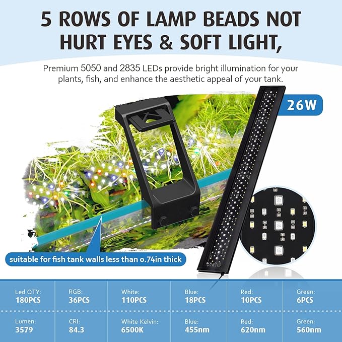 hygger Clip On Full Spectrum Aquarium LED Light, 26W Day-Night Dual Timer Sunrise-Day-Sunset-Moon Fish Tank Light, Adjustable Timer Brightness with 9 Colors for Planted Tank