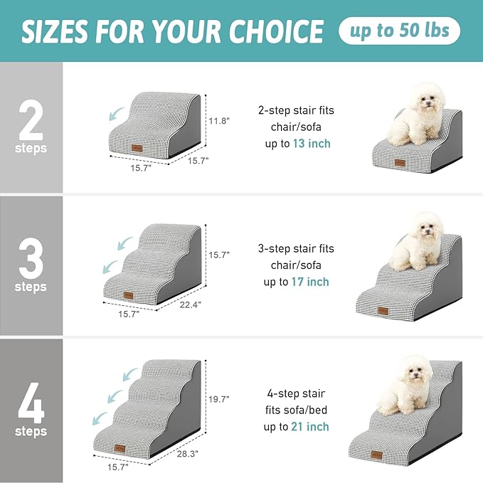 Dog Stairs for Medium Bed 20" H, Small Dogs Ramp with Leakproof Cover, Foam Pet Steps for Cat, Couch, Sofa, Lightweight, Non-Slip, Durable, Comfort, 15.7x28.3x19.7in, White-Black, 4 Tiers