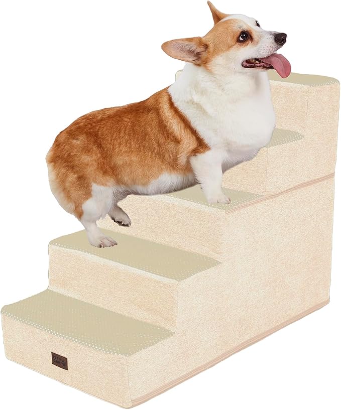 Dog Stairs for Small Dogs - Foam Pet Steps for High Beds and Couch, Non-Slip Folding Dog Steps Portable Pet Stairs for Large Dog and Cats,5 Step, Beige