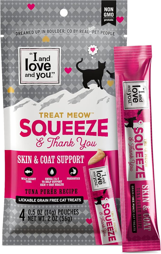 I AND LOVE AND YOU Treat Meow Lickable Cat Treats - Tuna Puree - Skin and Coat Support, Squeeze Treat, Omega 3s, 0.5oz, 4ct
