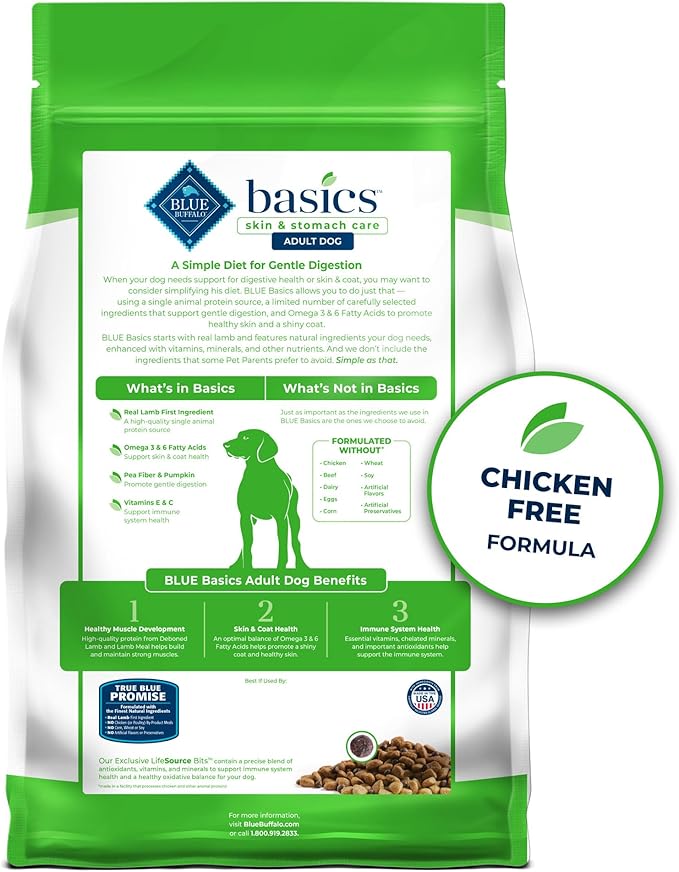 Blue Buffalo Basics Grain-Free Dry Dog Food for Adult Dogs, Limited Ingredient Diet, Lamb Recipe, 22-lb. Bag