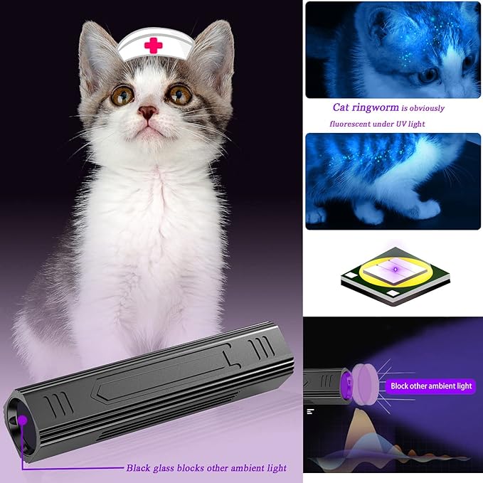 Wood's UV Lamp,Portable 365nm Pet Cat Dog UV Black light Flashlight Cat Ringworm Detector,Doctor Pet Urine Detector for Analyzing Skin Dog Cat Care Bed Bug Inspection