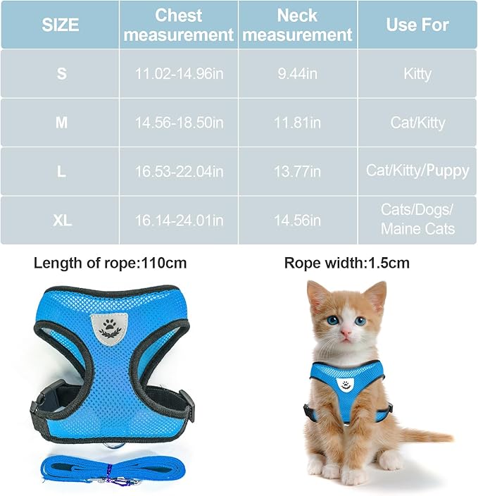 Cat Harness and Leash, Adjustable Soft Mesh, Anti-Escape, Reflective Design, Size M, Sky Blue