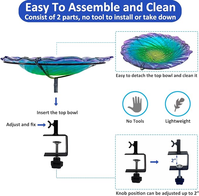 Deck Mounted Bird Bath, Deck Bird Bath for Deck Railing, Glass Ripple Bird Baths Bowl Detachable, Deck Bird Feeder with Heavy Duty Adjustable Base, Railing Bird Bath for Deck, Balcony, Fence-Colorful