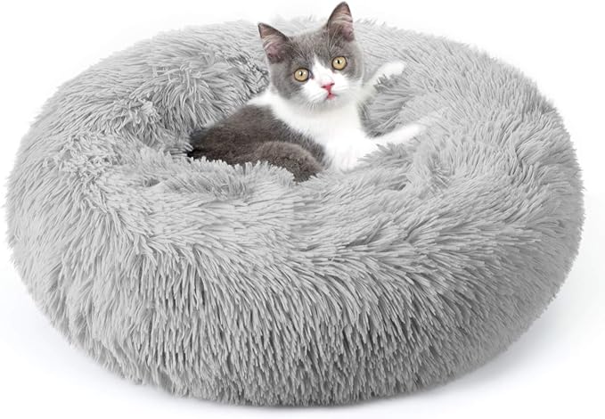 rabbitgoo Cat Beds for Indoor Cats, 20 inches Cat Bed Machine Washable, Fluffy Round Pet Bed Non-Slip, Calming Soft Plush Donut Cuddler Cushion Self Warming for Small Dogs Kittens, Light Grey, Medium