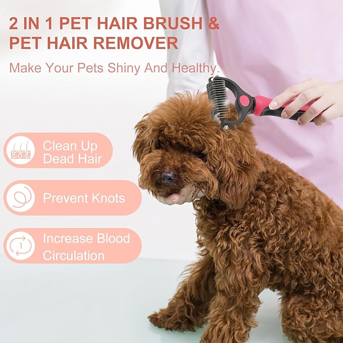 Pet Grooming Brush, Double Sided Undercoat Rake for Dogs & Cats, Professional Deshedding Brush and Dematting Tool, Safe and Effective Removing Knots, Mats, Tangles,and Flying Hair (Pink)