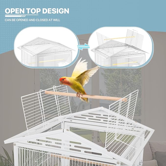 MoNiBloom 54 Inch Bird Cage w/Acrylic Door, Open Top Roof Birdcage for Finches Canaries Lovebirds Medium Small Parrots, Flight Birdcage w/Rolling Stand, White