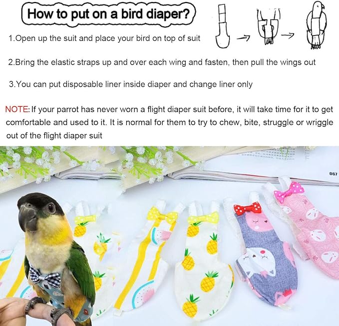 Bonaweite Bird Diaper Flight Suite Liners, Protective Parrot Nappy with Waterproof Inner Layer, Cute Urine Wet Suit for Macaw African Budgies Parakeet Agapornis Fischeri Cockatiel