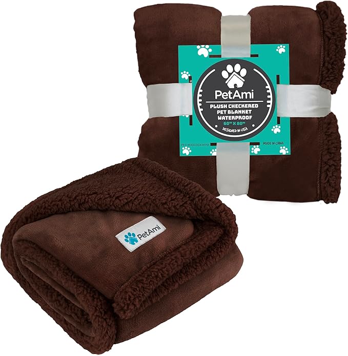 PetAmi WATERPROOF Dog Blanket For Bed, XL Dog Pet Blanket Couch Cover Protection, Sherpa Fleece Leakproof Bed Blanket for Crate Kennel Sofa Furniture Protector, Reversible Soft Plush 80x60 Brown Brown