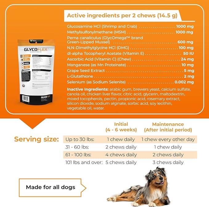 VetriScience Glycoflex 3 Clinically Proven Hip and Joint Supplement for Dogs - Maximum Strength Dog Supplement with Glucosamine, MSM, Green Lipped Mussel & DMG - 120 Chews, Chicken Flavor