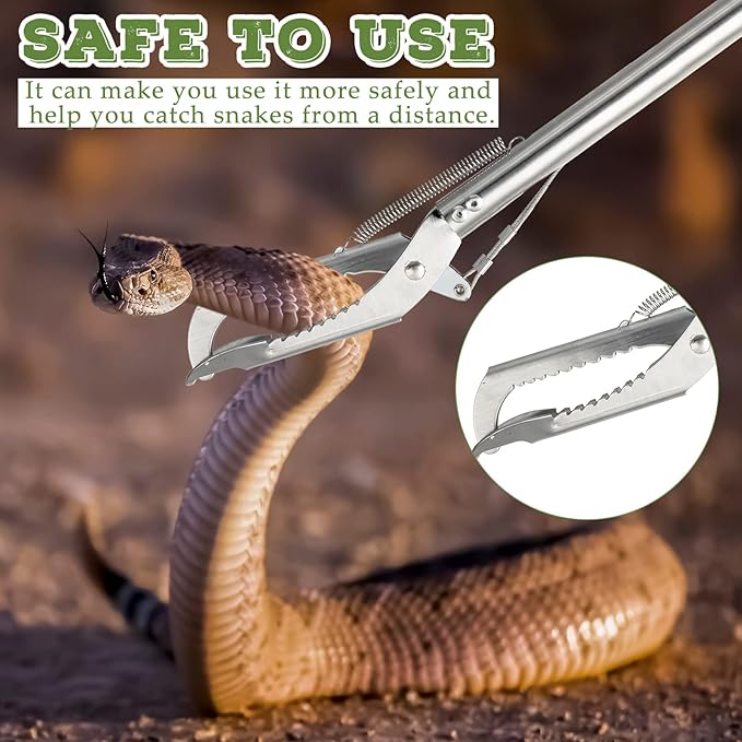 2 Pieces 47 Inch Snake Tongs Rattlesnake Grabber Collapsible Snake Grabber Tool Stainless Steel Reptile Grabbing Stick with Lock Zigzag Wide Jaw for Outdoor