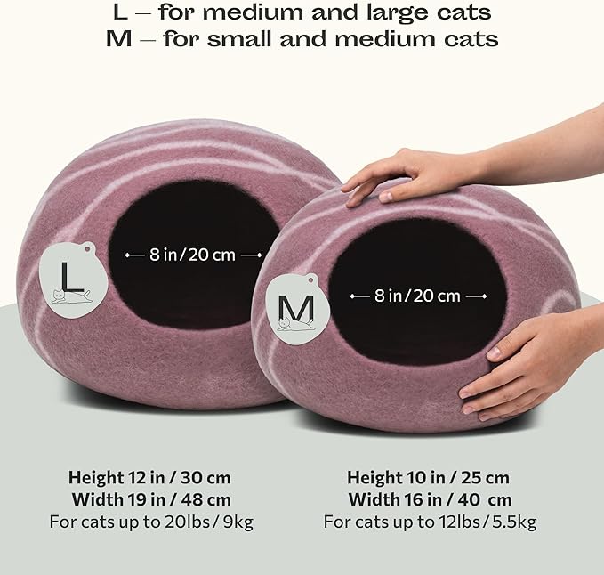 MEOWFIA Premium Felt Cat Bed Cave - Handmade 100% Merino Wool Bed for Cats and Kittens (Light Shades) (Medium, Pink)