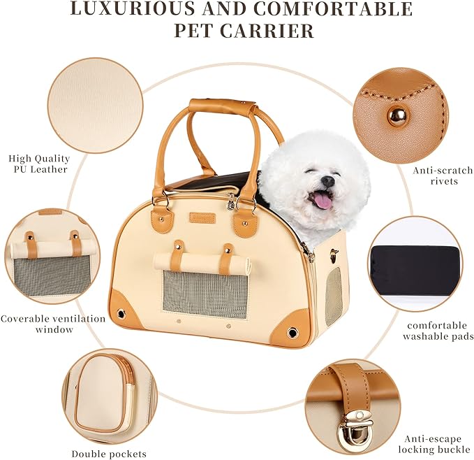 Dog Carrier, Pet Carrier, Dog Purse, Foldable Premium PU Leather Cat Carrier, Portable Tote Bag Carrier for Cats and Small Dogs - Beign