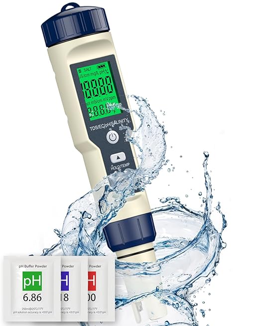 Pawfly Pool Salt Tester & pH Meter, 5 in 1 pH Salinity TDS EC & Temperature Meter, Digital Salinity Tester TDS Meter for Swimming Pool Drinking Water Aquarium Hot Tub Saltwater & Spa