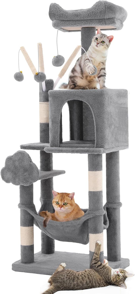 YITAHOME 44in Cat Tree Tower for Indoor Cats, Multi-Level Cat Furniture with Scratching Posts, Cat Window Padded Plush Perch, Cozy Hammock, Funny Pompoms for Kittens Pet Play House, Light Gray